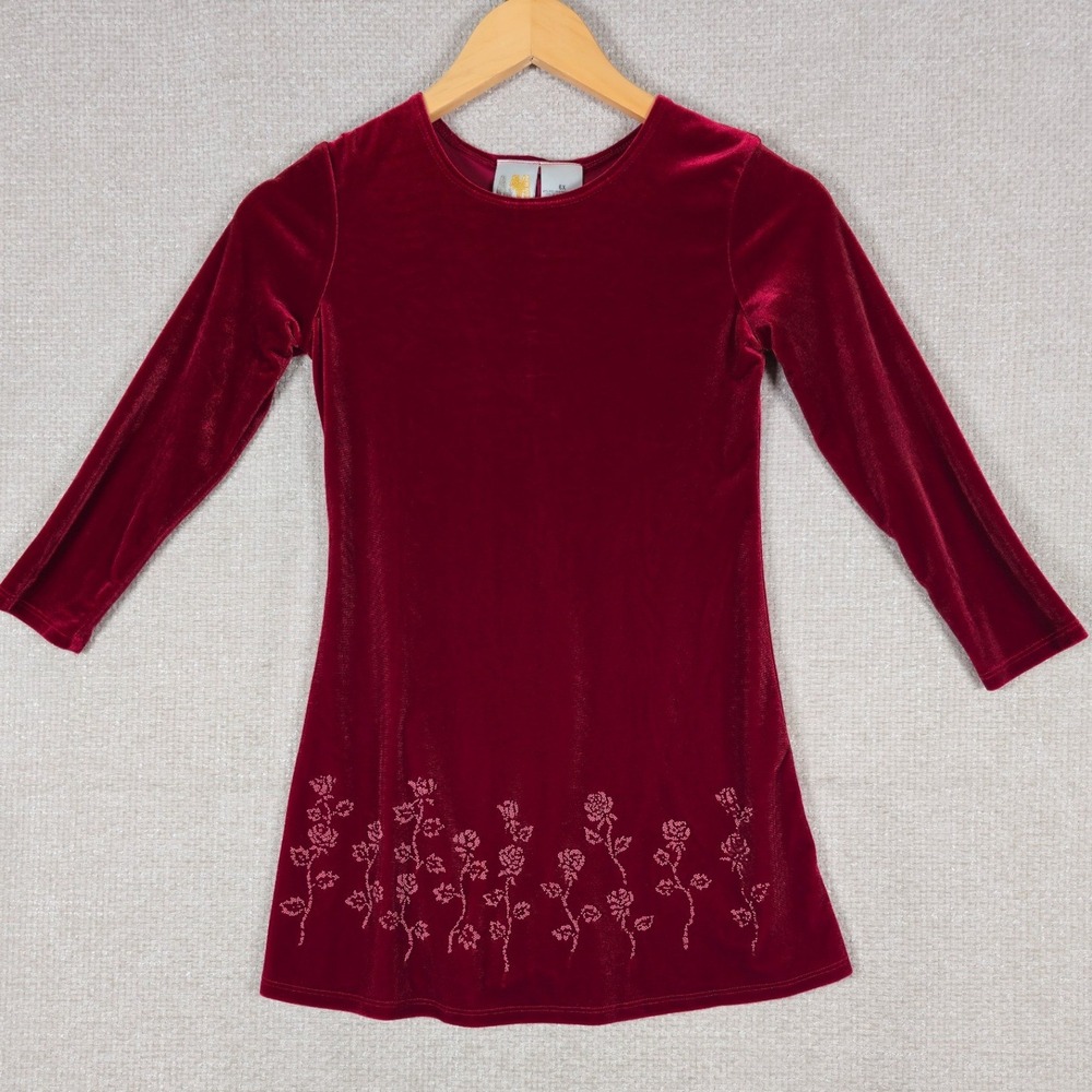 New Moves Girls Red‎ Velvet Dress Size 6X Beaded Rose Floral Long Sleeve Holiday